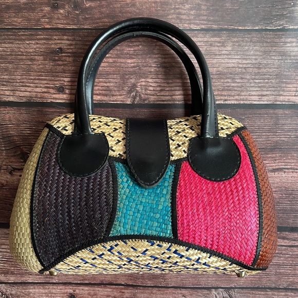 VINTAGE | Straw woven colour block structured handbag - Picture 3 of 9